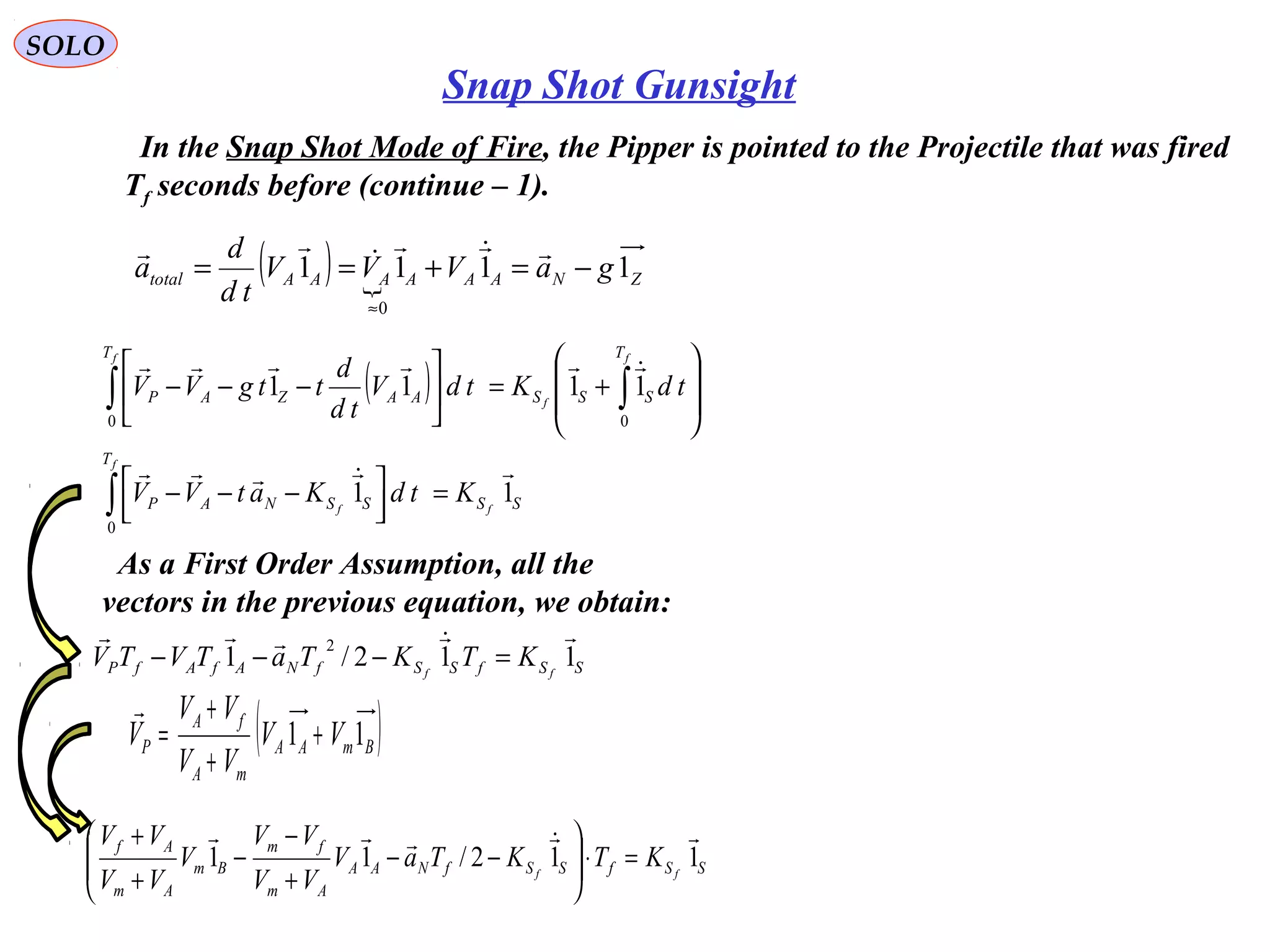 SOLO
Snap Shot Gunsight
In the Snap Shot Mode of Fire, the Pipper is pointed to the Projectile that was fired
Tf seconds before (continue – 1).
( ) 







+=





−−− ∫∫
f
f
f T
SSS
T
AAZAP tdKtdV
td
d
ttgVV
00
1111

( )  ZNAAAAAAtotal gaVVV
td
d
a 1111
0
−=+==
≈



SS
T
SSNAP f
f
f
KtdKatVV 11
0

=



 −−−∫
As a First Order Assumption, all the
vectors in the previous equation, we obtain:
SSfSSfNAfAfP ff
KTKTaTVTV 112/1
2

=−−−
( )BmAA
mA
fA
P VV
VV
VV
V 11 +
+
+
=

SSfSSfNAA
Am
fm
Bm
Am
Af
ff
KTKTaV
VV
VV
V
VV
VV
112/11

=⋅





−−
+
−
−
+
+
 