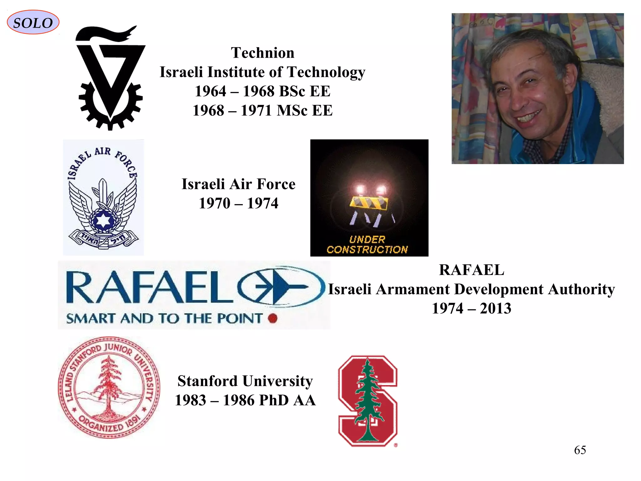 65
SOLO
Technion
Israeli Institute of Technology
1964 – 1968 BSc EE
1968 – 1971 MSc EE
Israeli Air Force
1970 – 1974
RAFAEL
Israeli Armament Development Authority
1974 – 2013
Stanford University
1983 – 1986 PhD AA
 
