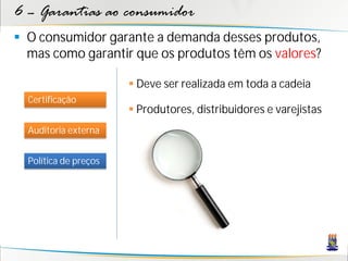 6 – Garantias ao consumidor
 O consumidor garante a demanda desses produtos,
  mas como garantir que os produtos têm os valores?

                        Deve ser realizada em toda a cadeia
  Certificação
                        Produtores, distribuidores e varejistas
  Auditoria externa


  Política de preços
 