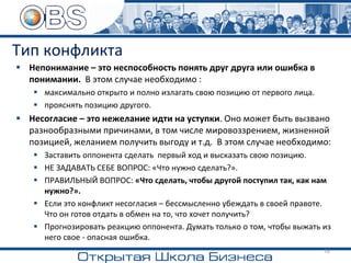 Тип конфликта
▪ Непонимание – это неспособность понять друг друга или ошибка в
понимании. В этом случае необходимо :
▪ максимально открыто и полно излагать свою позицию от первого лица.
▪ прояснять позицию другого.
▪ Несогласие – это нежелание идти на уступки. Оно может быть вызвано
разнообразными причинами, в том числе мировоззрением, жизненной
позицией, желанием получить выгоду и т.д. В этом случае необходимо:
▪ Заставить оппонента сделать первый ход и высказать свою позицию.
▪ НЕ ЗАДАВАТЬ СЕБЕ ВОПРОС: «Что нужно сделать?».
▪ ПРАВИЛЬНЫЙ ВОПРОС: «Что сделать, чтобы другой поступил так, как нам
нужно?».
▪ Если это конфликт несогласия – бессмысленно убеждать в своей правоте.
Что он готов отдать в обмен на то, что хочет получить?
▪ Прогнозировать реакцию оппонента. Думать только о том, чтобы выжать из
него свое - опасная ошибка.
18
 