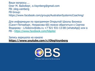 Ваши вопросы….
Олег М. Вайнберг, o.Vaynberg@gmail.com
FB: oleg.vainberg
FB Group:
https://www.facebook.com/groups/AustralianSystemicCoaching/
Для информации по программам Открытой Школы Бизнеса
(Санкт-Петербург, Некрасова 60) можно обратиться к Сергею
Федорову - s.fedorov@obs.ru +7 921 931-13-00 (whatsApp) или в
FB - https://www.facebook.com/fsbpiter
Запись воркшопа на канале
https://www.youtube.com/c/OlegVaynberg
 