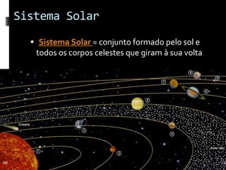 Sistema Solar
   Sistema Solar = conjunto formado pelo sol e
   todos os corpos celestes que giram à sua volta




                                                    5
 