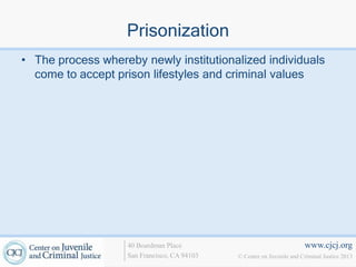 www.cjcj.org
© Center on Juvenile and Criminal Justice 2013
40 Boardman Place
San Francisco, CA 94103
Prisonization
• The process whereby newly institutionalized individuals
come to accept prison lifestyles and criminal values
 