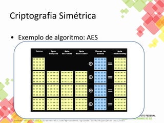 • Exemplo de algoritmo: AES
Criptografia Simétrica
fonte: http://blog.ultrassecreto.com/wp-content/uploads/2009/06/projetofinal.html
 