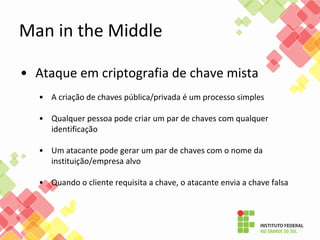 • Ataque em criptografia de chave mista
• A criação de chaves pública/privada é um processo simples
• Qualquer pessoa pode criar um par de chaves com qualquer
identificação
• Um atacante pode gerar um par de chaves com o nome da
instituição/empresa alvo
• Quando o cliente requisita a chave, o atacante envia a chave falsa
Man in the Middle
 
