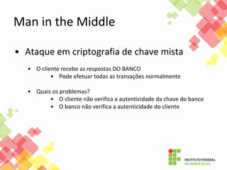 • Ataque em criptografia de chave mista
• O cliente recebe as respostas DO BANCO
• Pode efetuar todas as transações normalmente
• Quais os problemas?
• O cliente não verifica a autenticidade da chave do banco
• O banco não verifica a autenticidade do cliente
Man in the Middle
 