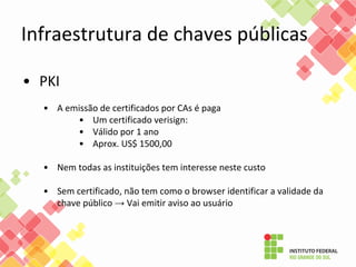 • PKI
• A emissão de certificados por CAs é paga
• Um certificado verisign:
• Válido por 1 ano
• Aprox. US$ 1500,00
• Nem todas as instituições tem interesse neste custo
• Sem certificado, não tem como o browser identificar a validade da
chave público → Vai emitir aviso ao usuário
Infraestrutura de chaves públicas
 
