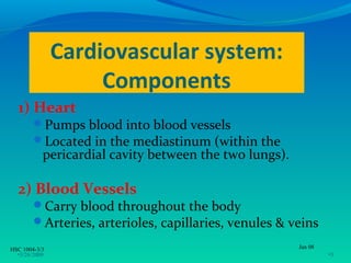 Cardiovascular system:
                    Components
  1) Heart
        Pumps blood into blood vessels
        Located in the mediastinum (within the
           pericardial cavity between the two lungs).

  2) Blood Vessels
        Carry blood throughout the body
        Arteries, arterioles, capillaries, venules & veins

HSC 1004-3/3                                            Jan 08
  •3/26/2009                                                     •3
 