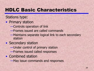 HDLC Basic Characteristics Stations type: Primary station Controls operation of link Frames issued are called commands Maintains separate logical link to each secondary station Secondary station Under control of primary station Frames issued called responses Combined station May issue commands and responses 