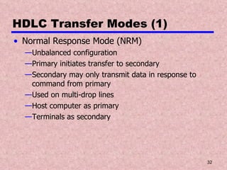 HDLC Transfer Modes (1) Normal Response Mode (NRM) Unbalanced configuration Primary initiates transfer to secondary Secondary may only transmit data in response to command from primary Used on multi-drop lines Host computer as primary Terminals as secondary 