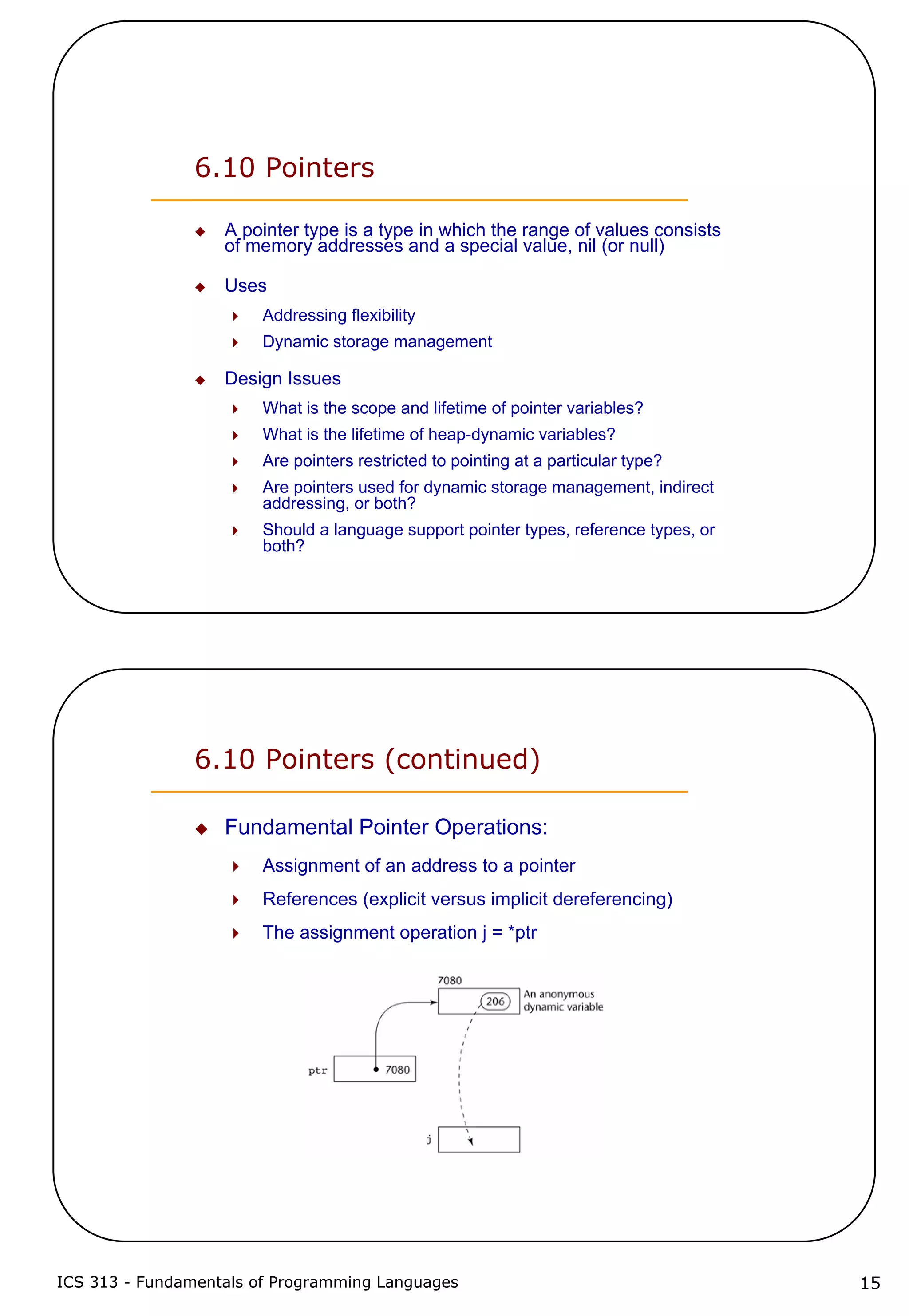 ICS 313 - Fundamentals of Programming Languages 15
6.10 Pointers
A pointer type is a type in which the range of values consists
of memory addresses and a special value, nil (or null)
Uses
Addressing flexibility
Dynamic storage management
Design Issues
What is the scope and lifetime of pointer variables?
What is the lifetime of heap-dynamic variables?
Are pointers restricted to pointing at a particular type?
Are pointers used for dynamic storage management, indirect
addressing, or both?
Should a language support pointer types, reference types, or
both?
6.10 Pointers (continued)
Fundamental Pointer Operations:
Assignment of an address to a pointer
References (explicit versus implicit dereferencing)
The assignment operation j = *ptr
 