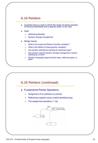 ICS 313 - Fundamentals of Programming Languages 15
6.10 Pointers
A pointer type is a type in which the range of values consists
of memory addresses and a special value, nil (or null)
Uses
Addressing flexibility
Dynamic storage management
Design Issues
What is the scope and lifetime of pointer variables?
What is the lifetime of heap-dynamic variables?
Are pointers restricted to pointing at a particular type?
Are pointers used for dynamic storage management, indirect
addressing, or both?
Should a language support pointer types, reference types, or
both?
6.10 Pointers (continued)
Fundamental Pointer Operations:
Assignment of an address to a pointer
References (explicit versus implicit dereferencing)
The assignment operation j = *ptr
 