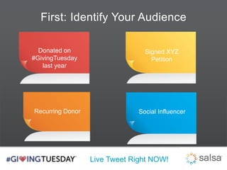 First: Identify Your Audience 
Live Tweet Right NOW! 
Donated on 
#GivingTuesday 
last year 
Signed XYZ 
Petition 
Recurring Donor Social Influencer 
 