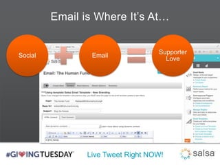 Email is Where It’s At… 
Social Email 
Supporter 
Live Tweet Right NOW! 
Love 
 