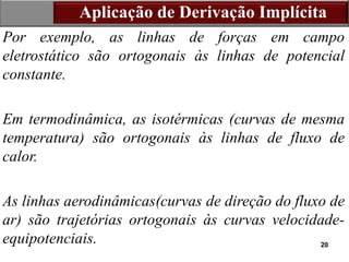 20
Aplicação de Derivação Implícita
Por exemplo, as linhas de forças em campo
eletrostático são ortogonais às linhas de potencial
constante.
Em termodinâmica, as isotérmicas (curvas de mesma
temperatura) são ortogonais às linhas de fluxo de
calor.
As linhas aerodinâmicas(curvas de direção do fluxo de
ar) são trajetórias ortogonais às curvas velocidade-
equipotenciais.
 
