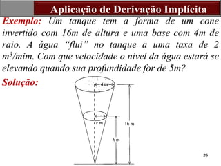 26
Exemplo: Um tanque tem a forma de um cone
invertido com 16m de altura e uma base com 4m de
raio. A água “flui” no tanque a uma taxa de 2
m3/mim. Com que velocidade o nível da água estará se
elevando quando sua profundidade for de 5m?
Solução:
Aplicação de Derivação Implícita
 