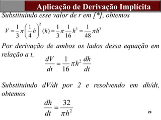 29
Substituindo esse valor de r em [*], obtemos
Por derivação de ambos os lados dessa equação em
relação a t,
Substituindo dV/dt por 2 e resolvendo em dh/dt,
obtemos
Aplicação de Derivação Implícita
2
1
16
dV dh
h
dt dt


2
32
dh
dt h


2
3 3
1 1 1 1 1
( )
3 4 3 16 48
V h h h h
  
 
  
 
 
 
