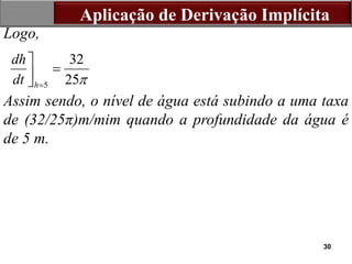 30
Logo,
Assim sendo, o nível de água está subindo a uma taxa
de (32/25π)m/mim quando a profundidade da água é
de 5 m.
Aplicação de Derivação Implícita
5
32
25
h
dh
dt 





 