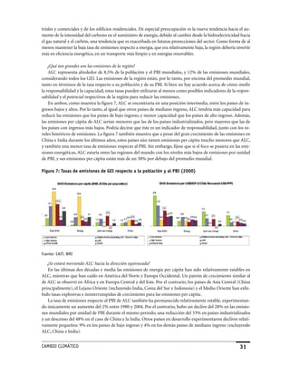 triales y comerciales y de los edificios residenciales. De especial preocupación es la nueva tendencia hacia el au-
mento de la intensidad del carbono en el suministro de energía, debido al cambio desde la hidroelectricidad hacia
el gas natural y el carbón, una tendencia que es exacerbada en futuras proyecciones del sector. Como forma de al
menos mantener la baja tasa de emisiones respecto a energía, que era relativamente baja, la región debería invertir
más en eficiencia energética, en un transporte más limpio y en energías renovables.

    ¿Qué tan grandes son las emisiones de la región?
    ALC representa alrededor de 8,5% de la población y el PBI mundiales, y 12% de las emisiones mundiales,
considerando todos los GEI. Las emisiones de la región están, por lo tanto, por encima del promedio mundial,
tanto en términos de la tasa respecto a su población y de su PBI. Si bien no hay acuerdo acerca de cómo medir
la responsabilidad y la capacidad, estas tasas pueden utilizarse al menos como posibles indicadores de la respon-
sabilidad y el potencial respectivos de la región para reducir las emisiones.
    En ambos, como muestra la figura 7, ALC se encontraría en una posición intermedia, entre los países de in-
gresos bajos y altos. Por lo tanto, al igual que otros países de mediano ingreso, ALC tendría más capacidad para
reducir las emisiones que los países de bajo ingreso, y menor capacidad que los países de alto ingreso. Además,
las emisiones per cápita de ALC serían menores que las de los países industrializados, pero mayores que las de
los países con ingresos más bajos. Podría decirse que éste es un indicador de responsabilidad, junto con los ni-
veles históricos de emisiones. La figura 7 también muestra que a pesar del gran crecimiento de las emisiones en
China e India durante los últimos años, estos países aún tienen emisiones per cápita mucho menores que ALC,
y también una menor tasa de emisiones respecto al PBI. Sin embargo, fíjese que si el foco se pusiera en las emi-
siones energéticas, ALC estaría entre las regiones del mundo con los niveles más bajos de emisiones por unidad
de PBI, y sus emisiones per cápita están más de un 30% por debajo del promedio mundial.

Figura : Tasas de emisiones de GEI respecto a la población y al PBI (2000)




Fuente: CaIT, WRI

   ¿Se estará moviendo ALC hacia la dirección equivocada?
   En las últimas dos décadas y media las emisiones de energía per cápita han sido relativamente estables en
ALC, mientras que han caído en América del Norte y Europa Occidental. Un patrón de crecimiento similar al
de ALC se observó en África y en Europa Central y del Este. Por el contrario, los países de Asia Central (China
principalmente), el Lejano Oriente (incluyendo India, Corea del Sur e Indonesia) y el Medio Oriente han exhi-
bido tasas explosivas e ininterrumpidas de crecimiento para las emisiones per cápita.
   La tasa de emisiones respecto al PBI de ALC también ha permanecido relativamente estable, experimentan-
do únicamente un aumento del 2% entre 1980 y 2004. Por el contrario, hubo un declive del 28% en las emisio-
nes mundiales por unidad de PBI durante el mismo período, una reducción del 33% en países industrializados
y un descenso del 48% en el caso de China y la India. Otros países en desarrollo experimentaron declives relati-
vamente pequeños: 9% en los países de bajo ingreso y 4% en los demás países de mediano ingreso (excluyendo
ALC, China e India).


CaMBIo CLIMáTICo                                                                                             31
 