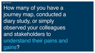 How many of you have a
journey map, conducted a
diary study, or simply
observed your colleagues
and stakeholders to
understand their pains and
gains?
REMIX YOUR CRAFT
 