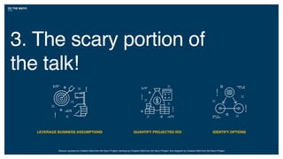 DO THE MATH!
3. The scary portion of
the talk!
Source: success by Creative Stall from the Noun Project; banking by Creative Stall from the Noun Project; ﬂow diagram by Creative Stall from the Noun Project
LEVERAGE BUSINESS ASSUMPTIONS IDENTIFY OPTIONSQUANTIFY PROJECTED ROI
 