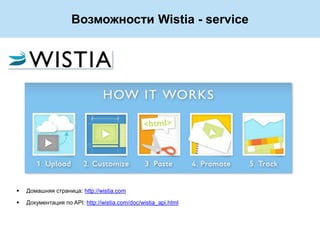 Возможности Wistia - service




   Домашняя страница: http://wistia.com

   Документация по API: http://wistia.com/doc/wistia_api.html
 