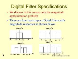 Professor A G Constantinides
1
Digital Filter Specifications
• We discuss in this course only the magnitude
approximation problem
• There are four basic types of ideal filters with
magnitude responses as shown below
 