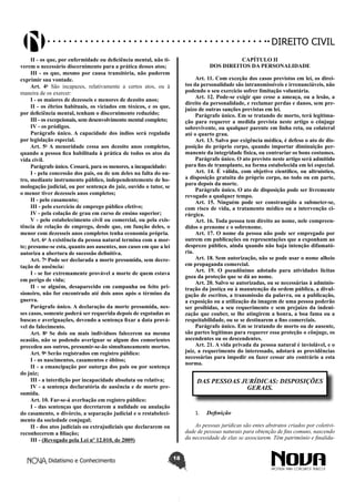 Didatismo e Conhecimento 18
DIREITO CIVIL
II - os que, por enfermidade ou deficiência mental, não ti-
verem o necessário discernimento para a prática desses atos;
III - os que, mesmo por causa transitória, não puderem
exprimir sua vontade.
Art. 4o
São incapazes, relativamente a certos atos, ou à
maneira de os exercer:
I - os maiores de dezesseis e menores de dezoito anos;
II - os ébrios habituais, os viciados em tóxicos, e os que,
por deficiência mental, tenham o discernimento reduzido;
III - os excepcionais, sem desenvolvimento mental completo;
IV - os pródigos.
Parágrafo único. A capacidade dos índios será regulada
por legislação especial.
Art. 5o
A menoridade cessa aos dezoito anos completos,
quando a pessoa fica habilitada à prática de todos os atos da
vida civil.
Parágrafo único. Cessará, para os menores, a incapacidade:
I - pela concessão dos pais, ou de um deles na falta do ou-
tro, mediante instrumento público, independentemente de ho-
mologação judicial, ou por sentença do juiz, ouvido o tutor, se
o menor tiver dezesseis anos completos;
II - pelo casamento;
III - pelo exercício de emprego público efetivo;
IV - pela colação de grau em curso de ensino superior;
V - pelo estabelecimento civil ou comercial, ou pela exis-
tência de relação de emprego, desde que, em função deles, o
menor com dezesseis anos completos tenha economia própria.
Art. 6o
A existência da pessoa natural termina com a mor-
te; presume-se esta, quanto aos ausentes, nos casos em que a lei
autoriza a abertura de sucessão definitiva.
Art. 7o
Pode ser declarada a morte presumida, sem decre-
tação de ausência:
I - se for extremamente provável a morte de quem estava
em perigo de vida;
II - se alguém, desaparecido em campanha ou feito pri-
sioneiro, não for encontrado até dois anos após o término da
guerra.
Parágrafo único. A declaração da morte presumida, nes-
ses casos, somente poderá ser requerida depois de esgotadas as
buscas e averiguações, devendo a sentença fixar a data prová-
vel do falecimento.
Art. 8o
Se dois ou mais indivíduos falecerem na mesma
ocasião, não se podendo averiguar se algum dos comorientes
precedeu aos outros, presumir-se-ão simultaneamente mortos.
Art. 9o
Serão registrados em registro público:
I - os nascimentos, casamentos e óbitos;
II - a emancipação por outorga dos pais ou por sentença
do juiz;
III - a interdição por incapacidade absoluta ou relativa;
IV - a sentença declaratória de ausência e de morte pre-
sumida.
Art. 10. Far-se-á averbação em registro público:
I - das sentenças que decretarem a nulidade ou anulação
do casamento, o divórcio, a separação judicial e o restabeleci-
mento da sociedade conjugal;
II - dos atos judiciais ou extrajudiciais que declararem ou
reconhecerem a filiação;
III - (Revogado pela Lei nº 12.010, de 2009)
CAPÍTULO II
DOS DIREITOS DA PERSONALIDADE
Art. 11. Com exceção dos casos previstos em lei, os direi-
tos da personalidade são intransmissíveis e irrenunciáveis, não
podendo o seu exercício sofrer limitação voluntária.
Art. 12. Pode-se exigir que cesse a ameaça, ou a lesão, a
direito da personalidade, e reclamar perdas e danos, sem pre-
juízo de outras sanções previstas em lei.
Parágrafo único. Em se tratando de morto, terá legitima-
ção para requerer a medida prevista neste artigo o cônjuge
sobrevivente, ou qualquer parente em linha reta, ou colateral
até o quarto grau.
Art. 13. Salvo por exigência médica, é defeso o ato de dis-
posição do próprio corpo, quando importar diminuição per-
manente da integridade física, ou contrariar os bons costumes.
Parágrafo único. O ato previsto neste artigo será admitido
para fins de transplante, na forma estabelecida em lei especial.
Art. 14. É válida, com objetivo científico, ou altruístico,
a disposição gratuita do próprio corpo, no todo ou em parte,
para depois da morte.
Parágrafo único. O ato de disposição pode ser livremente
revogado a qualquer tempo.
Art. 15. Ninguém pode ser constrangido a submeter-se,
com risco de vida, a tratamento médico ou a intervenção ci-
rúrgica.
Art. 16. Toda pessoa tem direito ao nome, nele compreen-
didos o prenome e o sobrenome.
Art. 17. O nome da pessoa não pode ser empregado por
outrem em publicações ou representações que a exponham ao
desprezo público, ainda quando não haja intenção difamató-
ria.
Art. 18. Sem autorização, não se pode usar o nome alheio
em propaganda comercial.
Art. 19. O pseudônimo adotado para atividades lícitas
goza da proteção que se dá ao nome.
Art. 20. Salvo se autorizadas, ou se necessárias à adminis-
tração da justiça ou à manutenção da ordem pública, a divul-
gação de escritos, a transmissão da palavra, ou a publicação,
a exposição ou a utilização da imagem de uma pessoa poderão
ser proibidas, a seu requerimento e sem prejuízo da indeni-
zação que couber, se lhe atingirem a honra, a boa fama ou a
respeitabilidade, ou se se destinarem a fins comerciais.
Parágrafo único. Em se tratando de morto ou de ausente,
são partes legítimas para requerer essa proteção o cônjuge, os
ascendentes ou os descendentes.
Art. 21. A vida privada da pessoa natural é inviolável, e o
juiz, a requerimento do interessado, adotará as providências
necessárias para impedir ou fazer cessar ato contrário a esta
norma.
DAS PESSOAS JURÍDICAS: DISPOSIÇÕES
GERAIS.
1.	 Definição
As pessoas jurídicas são entes abstratos criados por coletivi-
dade de pessoas naturais para obtenção de fins comuns, nascendo
da necessidade de elas se associarem. Têm patrimônio e finalida-
 