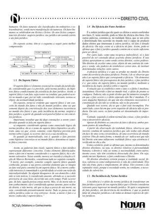 Didatismo e Conhecimento 35
DIREITO CIVIL
humanos. Os fatos naturais são classificados em ordinários e ex-
traordinários, sendo mera manifestação da natureza. Os fatos hu-
manos se subdividem em ilícitos e lícitos. Os atos lícitos compor-
tam três divisões: negócio jurídico, ato jurídico em sentido estrito
e ato-fato jurídico.
Do exposto acima, têm-se o esquema a seguir para melhor
compreensão:
1.3	 Do Suporte Fático
O suporte fático é elemento essencial no estudo da juridicida-
de, considerando que é a previsão, pela norma jurídica, da hipó-
tese fática condicionante da existência do fato jurídico. Assim, o
suporte fático é um fato, seja evento ou conduta, que poderá ocor-
rer no mundo e que, por ter sido considerado relevante, tornou-se
objeto da normatividade jurídica.
Do exposto, torna-se evidente que suporte fático é um con-
ceito do mundo dos fatos e não do mundo jurídico, uma vez que
somente depois da concretização dos seus elementos (ocorrência
no mundo dos fatos) é que, pela incidência da norma, surgirá o
fato jurídico, a partir de quando será possível falar-se em concei-
tos jurídicos.
Importante ressaltar que há duas conotações a serem consi-
deradas quando se fala em suporte fático:
a) enquanto considerado apenas como enunciado lógico da
norma jurídica, dá-se o nome de suporte fático hipotético ou abs-
trato, uma vez que existe, somente, como hipótese prevista pela
norma sobre a qual, se ocorrer, dar-se-á a sua incidência;
b) quando já materializado, isto é, quando o fato previsto
como hipótese concretiza-se no mundo fático, denomina-se supor-
te fático concreto.
Assim, as palavras fato (real), suporte fático e fato jurídico
representam diferentes conceitos. Como elemento diferenciador,
entre o fato em si mesmo considerado e o suporte fático, há o ele-
mento valorativo. Nesse sentido, merece ser trazida à colação a li-
ção de Marcos Bernardes, consubstanciada no seguinte exemplo:
“A morte, por exemplo, somente compõe suporte fático quando
conhecida, porque a sua prova constitui elemento que se integra
ao fato real para constituí-lo em suporte fático. Só a morte conhe-
cida interessa à comunidade e a juridicidade só existe em razão da
intersubjetividade. Se alguém desaparece de seu domicílio e dele
não se tem notícia, é considerado ausente, abrindo-se a sucessão
provisória de seus bens, decorrido um certo tempo. Pode ocorrer
que, de fato, aquela pessoa esteja morta. Mas, se da morte não se
tem conhecimento, ela é considerada apenas ausente, para os fins
do direito, e não morta, até que se faça a prova de sua morte, ou
seja, considerada presuntivamente morta. Tudo se passa em sua
esfera jurídica como se viva estivesse. Assim, a morte é fato e a
morte conhecida é suporte fático.”
1.4	 Da Eficácia dos Fatos Jurídicos
É a ordem jurídica que diz quais os efeitos a serem conferidos
aos fatos. E, neste sentido, pode-se falar de eficácia dos fatos. Em
outras palavras, constata-se, na realidade fática, que se um certo
e determinado fato ocorrido no mundo real é capaz de produzir
dados efeitos que interessam à esfera jurídica, tal fato é dotado
de eficácia. Ou seja, existe aí a eficácia do fato. Assim, pode-se
afirmar que o fato é jurídico quando contém em si razão suficiente
para ser eficaz.
Por outro lado, como uma recíproca indissolúvel, só o fato
passível de ser conotado eficaz acarreta efeitos jurídicos. E tais
efeitos apresentam-se como sendo certos direitos, certos poderes.
São direitos de receber uma coisa, objeto de um contrato de com-
pra e venda; são poderes de estabelecer certos atos, de instituir
determinadas relações, entre outros.
A eficácia jurídica é o que se produz no mundo do Direito
como decorrência dos fatos jurídicos. Porém, é de se observar que
não é ao suporte fático que corresponde a eficácia. “Os elementos
do suporte fático são pressupostos do fato jurídico; o fato jurídico
é o que entra, do suporte fático, no mundo jurídico, mediante a
incidência da regra jurídica sobre o suporte.
A relação que se estabelece entre o fato e o efeito é imediata,
instantânea. Ocorrido o fato no mundo real, o efeito de pronto se
configura. Todavia, não se pode olvidar que há inúmeros exemplos
em que o fato ocorre e o efeito esperado não lhe é imediato. É o
caso daquelas hipóteses em que um dos elementos necessários à
constituição do ato não se verificou, não se fez presente.
Quando isso ocorre, diz-se que o fato está incompleto. Por
outro lado, casos há em que certo requisito de eficácia não se pro-
duziu. Em tais casos, os fatos podem ser denominados de imper-
feitos.
Contudo, seguindo a ordem normal das coisas, o fato jurídico
visa a desenvolver eficácia.
Apesar de distintos os conceitos de fato e eficácia, ambos pos-
suem pontos de semelhança.
A partir da observação da realidade fática, observa-se que
inexiste conduta de natureza jurídica que não tenha sido ditada
em face de uma certa circunstância, de uma ocorrência do mundo
exterior. Dito de outra forma, o mundo do ser indica-nos que não
há Direito sem uma subjacente realidade fática cuja existência é
verificada no dia a dia.
Como corolário, pode-se afirmar que, mesmo os denominados
direitos absolutos, ou seja, os direitos relativos à personalidade
humana, o direito à vida, ao nome, à nacionalidade, entre outros,
mesmo esses, não têm existência dissociada dos fatos. Ou seja,
ainda em tais hipóteses, o fato condiciona o Direito.
Os direitos absolutos existem porque a realidade social, fá-
tica, valorou-os como indispensáveis à vida da coletividade. Eles
não são fruto, pura e simplesmente, de idéias. Eles existem e são
reputados vitais, porque a sociedade sentiu, no cotidiano, a neces-
sidade de valorá-los.
1.5	 Da Incidência da Norma Jurídica
A incidência é o efeito da norma jurídica de transformar em
fato jurídico a parte do seu suporte fático que o Direito considerou
relevante para ingressar no mundo jurídico. Só após o surgimento
do fato jurídico, em decorrência da incidência, é que se poderá
falar de situações jurídicas e de todas as demais espécies de efei-
tos jurídicos.
 