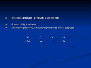 2.  Diseños con preprueba – postprueba y grupo control Grupos control y experimental Aplicación de preprueba y al finalizar el experimente se aplica la postprueba RG1  O1  X  O2 RG2  O2  --  O2 