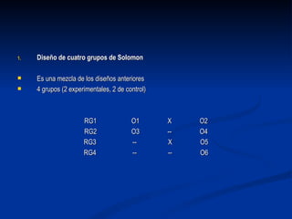 Diseño de cuatro grupos de Solomon Es una mezcla de los diseños anteriores 4 grupos (2 experimentales, 2 de control) RG1  O1  X  O2 RG2  O3  --  O4 RG3  --  X  O5 RG4  --  --  O6 