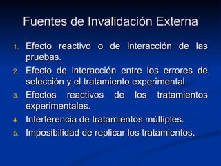 Fuentes de Invalidación Externa Efecto reactivo o de interacción de las pruebas. Efecto de interacción entre los errores de selección y el tratamiento experimental. Efectos reactivos de los tratamientos experimentales. Interferencia de tratamientos múltiples. Imposibilidad de replicar los tratamientos. 