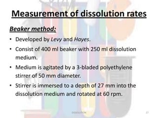 Measurement of dissolution rates
Beaker method:
• Developed by Levy and Hayes.
• Consist of 400 ml beaker with 250 ml dissolution
medium.
• Medium is agitated by a 3-bladed polyethylene
stirrer of 50 mm diameter.
• Stirrer is immersed to a depth of 27 mm into the
dissolution medium and rotated at 60 rpm.
DISSOLUTION 27
 