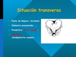 Situación transversa Punto de Reparo: Acromion Diámetro presentado: ... Pronóstico:  Parto vaginal :  imposible Conduplicatto corpore 