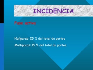 INCIDENCIA Fase activa Nulíparas: 25 % del total de partos Multíparas: 15 % del total de partos 