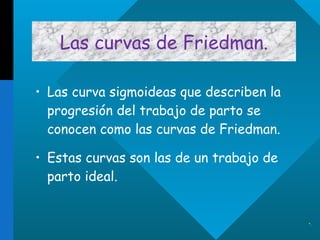 Las curvas de Friedman. Las curva sigmoideas que describen la progresión del trabajo de parto se conocen como las curvas de Friedman. Estas curvas son las de un trabajo de parto ideal. . 