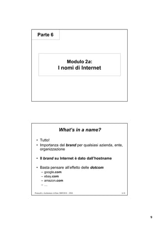 Parte 6




                                         Modulo 2a:
                              I nomi di Internet




                               What’s in a name?

  • Tutto!
  • Importanza del brand per qualsiasi azienda, ente,
    organizzazione

  • Il brand su Internet è dato dall’hostname

  • Basta pensare all’effetto delle dotcom
        –   google.com
        –   ebay.com
        –   amazon.com
        –   …

Protocolli e Architetture di Rete 2009/2010 – DNS     6.18




                                                             9
 