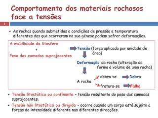 Comportamento dos materiais rochosos
    face a tensões
3


     As rochas quando submetidas a condições de pressão e temperatura
     diferentes das que ocorreram na sua génese podem sofrer deformações.
    A mobilidade da litosfera
                 +                     Tensão (força aplicada por unidade de
                                               área)
    Peso das camadas suprajacentes
                                       Deformação da rocha (alteração da
                                                forma e volume de uma rocha)

                                                    dobra-se       Dobra
                                       A rocha
                                                    fratura-se      Falha

     Tensão litostática ou confinante – tensão resultante do peso das camadas
     suprajacentes.
     Tensão não litostática ou dirigida – ocorre quando um corpo está sujeito a
     forças de intensidade diferente nas diferentes direcções.
 