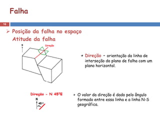 16
 Posição da falha no espaço
Atitude da falha
Direção - orientação da linha de
interseção do plano de falha com um
plano horizontal.
Falha
O valor da direção é dado pelo ângulo
formado entre essa linha e a linha N-S
geográfica.
 