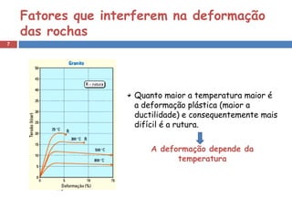 7
Fatores que interferem na deformação
das rochas
Quanto maior a temperatura maior é
a deformação plástica (maior a
ductilidade) e consequentemente mais
difícil é a rutura.
A deformação depende da
temperatura
 