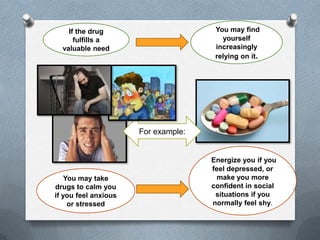 If the drug                       You may find
      fulfills a                        yourself
  valuable need                       increasingly
                                      relying on it.




                      For example:


                                     Energize you if you
                                     feel depressed, or
    You may take                       make you more
drugs to calm you                    confident in social
if you feel anxious                   situations if you
     or stressed                     normally feel shy.
 