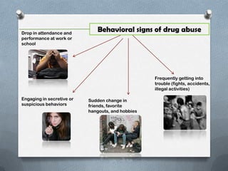 Drop in attendance and
                              Behavioral signs of drug abuse
performance at work or
school




                                                   Frequently getting into
                                                   trouble (fights, accidents,
                                                   illegal activities)

Engaging in secretive or   Sudden change in
suspicious behaviors       friends, favorite
                           hangouts, and hobbies
 