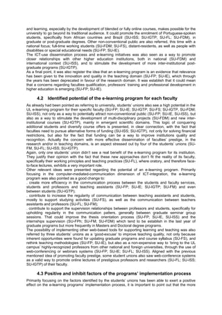 and learning, especially by the development of blended or fully online courses, makes possible for the
university to go beyond its traditional audience. It could promote the enrolment of Portuguese-spoken
students, specifically from African countries and Brazil (SU-ISS; SU-IGTP; SU-FL; SU-FDM), in
graduate or post-graduate degrees. Other non-conventional public are also referred, this time with a
national focus; full-time working students (SU-FDM; SU-FS), distant-residents, as well as people with
disabilities or special educational needs (SU-FP; SU-IE).
The ICT-use dissemination process and e-learning initiatives was also seen as a way to promote
closer relationships with other higher education institutions, both in national (SU-FDM) and
international context (SU-ISS), and to stimulate the development of more inter-institutional postgraduate programs (SU-IGTP).
As a final point, it was also register the idea that an e-learning program is an evidence that relevance
has been given to the innovation and quality in the teaching domain (SU-FP; SU-IE), which through
the years has been deprecated in favour of the research domain. It was establish that it could mean
that a concerns regarding faculties qualification, professors’ training and professional development in
higher education is emerging (SU-FP; SU-IE).

4.2

Identified potential of the e-learning program for each faculty

As already had been pointed as referring to university, students’ unions also see a high potential in the
UL e-learning program for their specific faculty (SU-FP; SU-IE; SU-IGTP; SU-FS; SU-IGTP, SU-FDM;
SU-ISS), not only as a way to potentially attract non-conventional public (SU-FP; SU-IE, SU-ISS), but
also as a way to stimulate the development of multi-disciplinary projects (SU-FDM) and new interinstitutional courses (SU-IGTP), mainly in emergent scientific domains. This logic of conquering
additional students and diversify course offers is presented, in clear connection, with the fact that
faculties need to pursue alternative forms of funding (SU-ISS; SU-IGTP), not only for solving financial
restrictions, but also for the fact that funding can be a way to improve institutions quality and
recognition. Actually the concern with more effective dissemination of faculties’ prestige, in the
research and/or in teaching domains, is an aspect stressed out by four of the students’ unions (SUFM, SU-FL; SU-ISS; SU-IGTP).
Again, only one students’ union didn’t see a real benefit of the e-learning program for its institution.
They justify their opinion with the fact that these new approaches don’t fit the reality of its faculty,
specifically their working principles and teaching practices (SU-FL), where oratory, and therefore faceto-face lectures, exhibits a very important role.
Other relevant ideas were presented regarding the potential of an e-learning program. Primarily
focusing in the computer-mediated-communication dimension of ICT-integration, the e-learning
program was also pointed as a good change to:
. create more efficiency in the communication process between the students and faculty services,
students and professors and teaching assistants (SU-FP; SU-IE; SU-IGTP; SU-FM) and even
between students (SU-IGTP);
. contribute to increase the regularity of communication between teaching assistants and students,
mostly to support studying activities (SU-FS), as well as the communication between teachers
assistants and professors (SU-FL; SU-FM);
. contribute to support the supervision relationships between professors and students, specifically for
upholding regularity in the communication patters, generally between graduate seminar group
sessions. That could improve the thesis orientation process (SU-FP; SU-IE, SU-ISS) and the
internships supervision (SU-FPh; SU-FM; SU-FDM) which tend to be establish in the last year of
graduate programs but more frequently in Masters and Doctoral degree programs.
The possibility of implementing other web-based tools for supporting learning and teaching was also
referred by three students’ unions as a ‘good-excuse’ to improve teaching quality, not only because
inherent opportunities were found for updating graduate programs and course syllabus (SU-FS), and
rethink teaching methodologies (SU-FP; SU-IE), but also as a non-expensive way to ‘bring to the UL
campus’ highly-recognized professors from other national and foreign universities, through the use of
web-conferencing or webinars systems (SU-FP; SU-IE; SU-FL; SU-ISS). Aligned with the previous
mentioned idea of promoting faculty prestige, some student unions also saw web-conference systems
as a valid way to promote online lectures of prestigious professors and researchers (SU-FL; SU-ISS;
SU-IGTP) of their faculty.

4.3 Positive and inhibit factors of the programs’ implementation process
Primarily focusing on the factors identified by the students’ unions has been able to exert a positive
effect on the e-learning programs’ implementation process, it is important to point out that the more

 