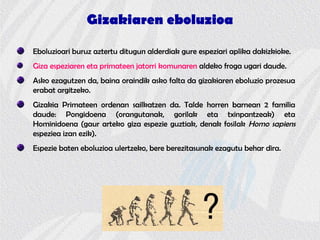 Gizakiaren eboluzioa
Eboluzioari buruz aztertu ditugun alderdiak gure espeziari aplika dakizkioke.
Giza espeziaren eta primateen jatorri komunaren aldeko froga ugari daude.
Asko ezagutzen da, baina oraindik asko falta da gizakiaren eboluzio prozesua
erabat argitzeko.
Gizakia Primateen ordenan sailkatzen da. Talde horren barnean 2 familia
daude: Pongidoena (orangutanak, gorilak eta txinpantzeak) eta
Hominidoena (gaur arteko giza espezie guztiak, denak fosilak Homo sapiens
espeziea izan ezik).
Espezie baten eboluzioa ulertzeko, bere berezitasunak ezagutu behar dira.
 