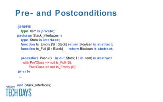 Pre- and Postconditions
generic
type Item is private;
package Stack_Interfaces is
type Stack is interface;
function Is_Empty (S : Stack) return Boolean is abstract;
function Is_Full (S : Stack) return Boolean is abstract;
procedure Push (S : in out Stack; I : in Item) is abstract
with Pre'Class => not Is_Full (S),
Post'Class => not Is_Empty (S);
private
…
end Stack_Interfaces;
 