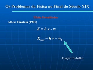 Os Problemas da Física no Final do Século XIX Efeito Fotoelétrico Albert Einstein (1905) K  =  h  v  -  w Função Trabalho K max  =  h  v  –  w 0 
