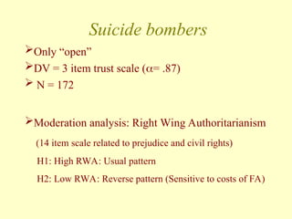 Suicide bombers
Only “open”
DV = 3 item trust scale (= .87)
 N = 172
Moderation analysis: Right Wing Authoritarianism
(14 item scale related to prejudice and civil rights)
H1: High RWA: Usual pattern
H2: Low RWA: Reverse pattern (Sensitive to costs of FA)
 