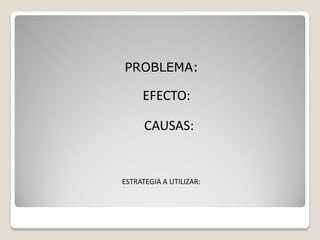 PROBLEMA:

     EFECTO:

      CAUSAS:


ESTRATEGIA A UTILIZAR:
 