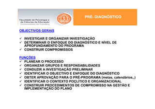 PRÉ DIAGNÓ
                                 PRÉ- DIAGNÓSTICO


OBJECTIVOS GERAIS

  INVESTIGAR E ORGANIZAR INVESTIGAÇÃO
  DETERMINAR O ENFOQUE DO DIAGNÓSTICO E NÍVEL DE
  APROFUNDAMENTO DO PROGRAMA
  CONSTRUIR COMPROMISSOS

FUNÇÕES
  PLANEAR O PROCESSO
  ORGANIZAR GRUPOS E RESPONSABILIDADES
  CONDUZIR A INVESTIGAÇÃO PRELIMINAR
  IDENTIFICAR O OBJECTIVO E ENFOQUE DO DIAGNÓSTICO
  OBTER APROVAÇÃO PARA O PRÉ-PROGRAMA (metas, calendários,.)
  IDENTIFICAR O CONTEXTO POÇLÍTICO E ORGANIZACIONAL
  CONSTRUIR PROCEDIMENTOS DE COMPROMISSO NA GESTÃO E
  IMPLEMENTAÇÃO DO PLANO
 