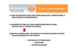 ELABORAÇ
                             ELABORAÇÃO DO DIAGNÓSTICO
                                           DIAGNÓ



A FASE DE IDENTIFICAÇÃO DOS PROBLEMAS NÃO CORRESPONDE Á
   REALIZAÇÃO DO DIAGNÓSTICO



O DIAGNÓSTICO IMPLICA UMA ABORDAGEM MAIS GLOBAL,
   ARTICULADA E CONCEPTUALIZADA.



IDENTIFICA PROBLEMAS, RECURSOS E POTENCIALIDADES DO MEIO
   DE INTERVENÇÃO OU DO SUJEITO

                  DEFINIÇÃO DE PROBLEMAS
                         RECURSOS
                     POTENCIALIDADES
 
